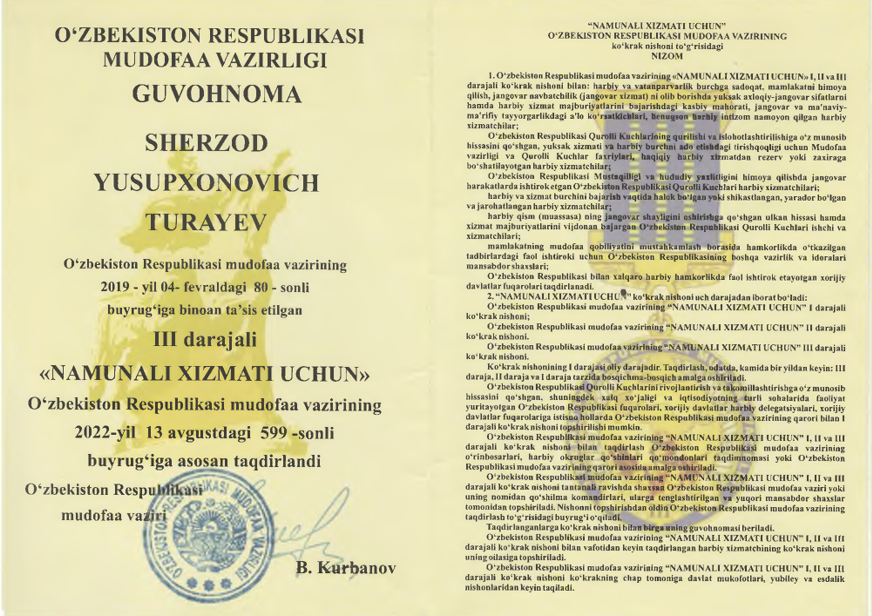 Sh.Xalmuxamedov O'zbekiston Respublikasi Mudofaa vaziri